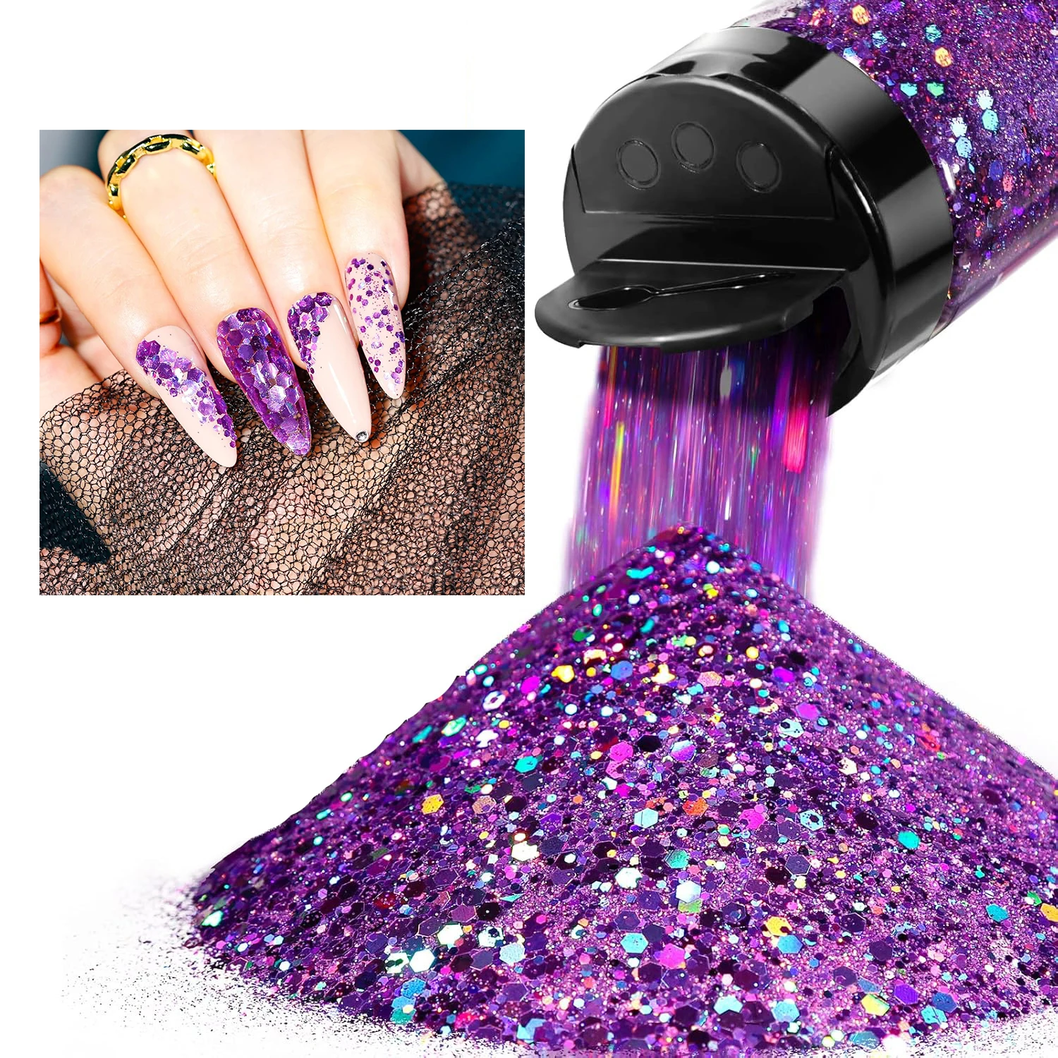 1,76 Unzen 50 g holografisches, klobiges Glitzer-Bastel-Glitzerpulver, gemischte, klobige, feine, schillernde Nagel-Pailletten für Nägel, Festival-Dekoration