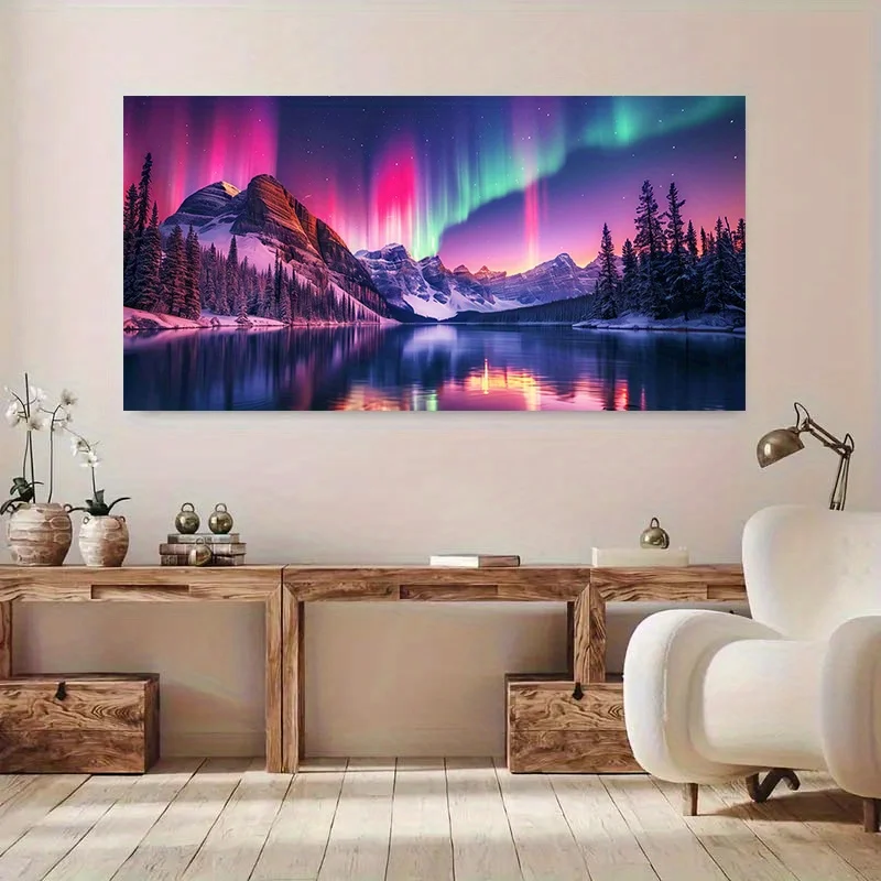 Frameless Modern Northern Lights Canvas Wall Art - Vibrant Aurora Borealis Landscape Painting with Snow-Capped Mountains & Pine