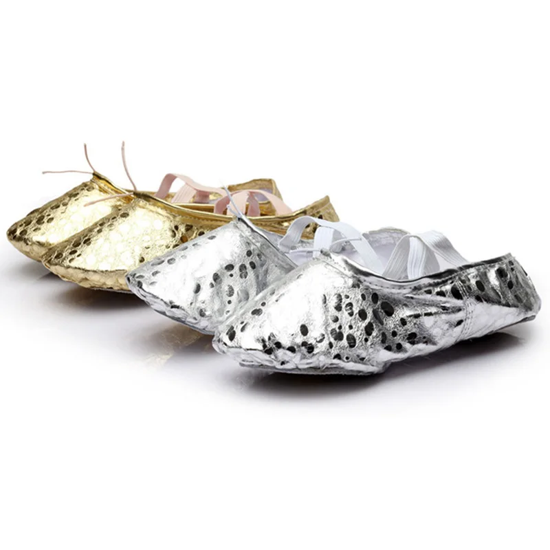 USHINE profesional plata dorado PU yoga danza del vientre zapatos rendimiento suela suave gimnasio ballet zapatos de baile niños niñas mujer