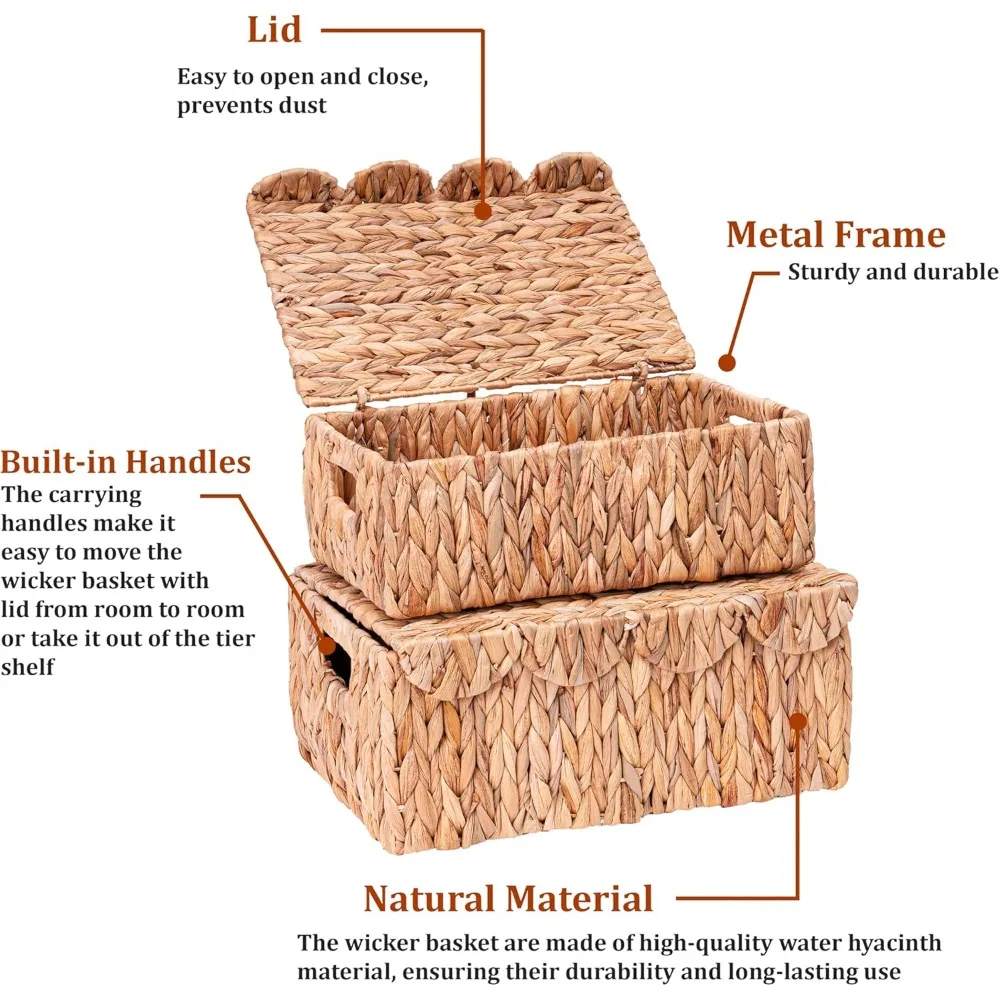 سلة تخزين مستطيلة من الخيزران مع حواف وأغطية صدفية، منظم روطان متعدد الأغراض بمقابض مدمجة #5
