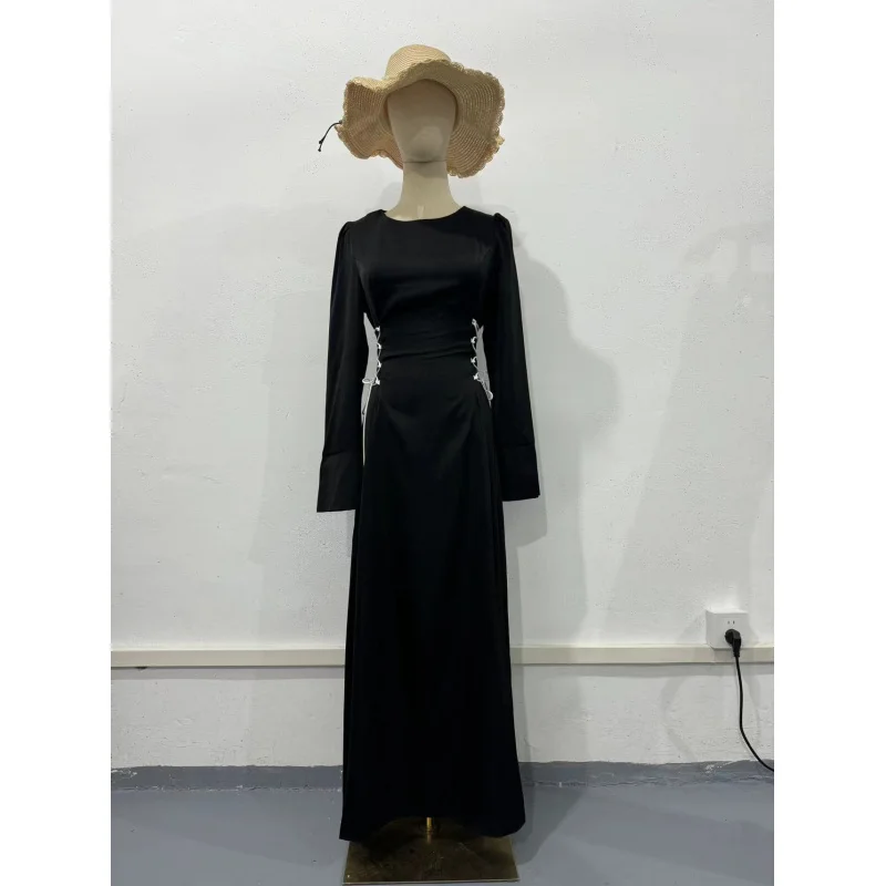 European Station2025Autumn New Bell Sleeve Tie Design Long Sleeve Waist-Cinching Round Neck Dress for Women