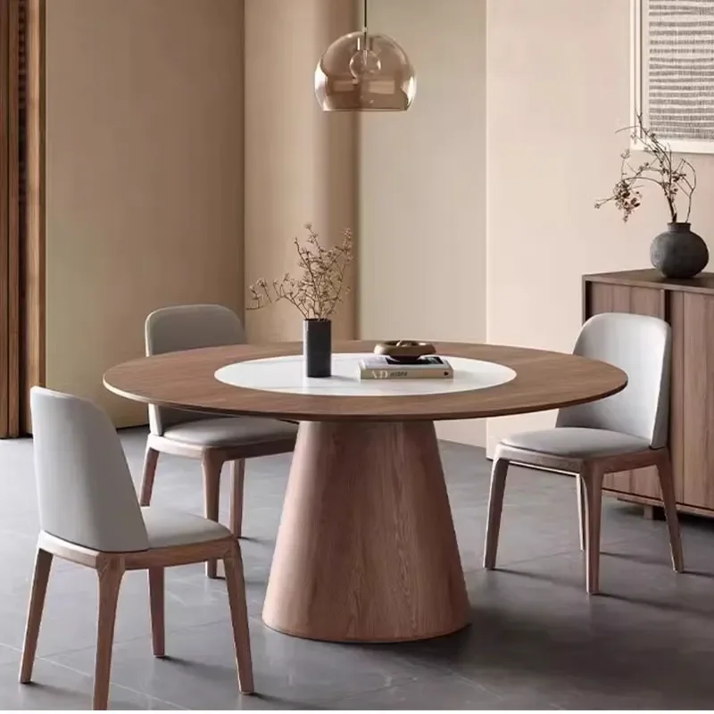 Round Dining Table Set Solid Wood with Stone Lazy Susan Modern Small Apartment Furniture