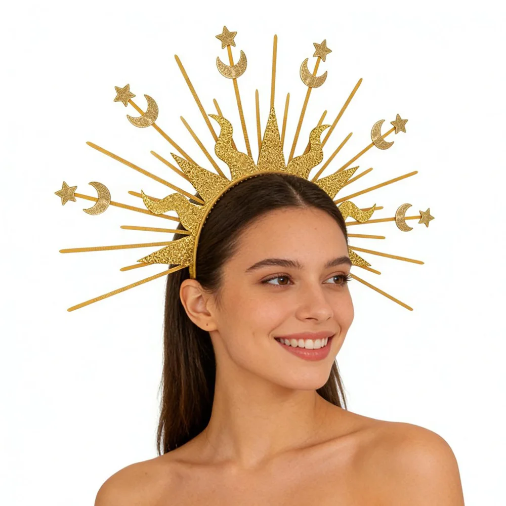 Tocado de diosa Sun Halo para mujer, tocado de boda, Cosplay, corona de Reina, estrella, Luna, diadema, accesorios de disfraz de fiesta de Halloween y Carnaval