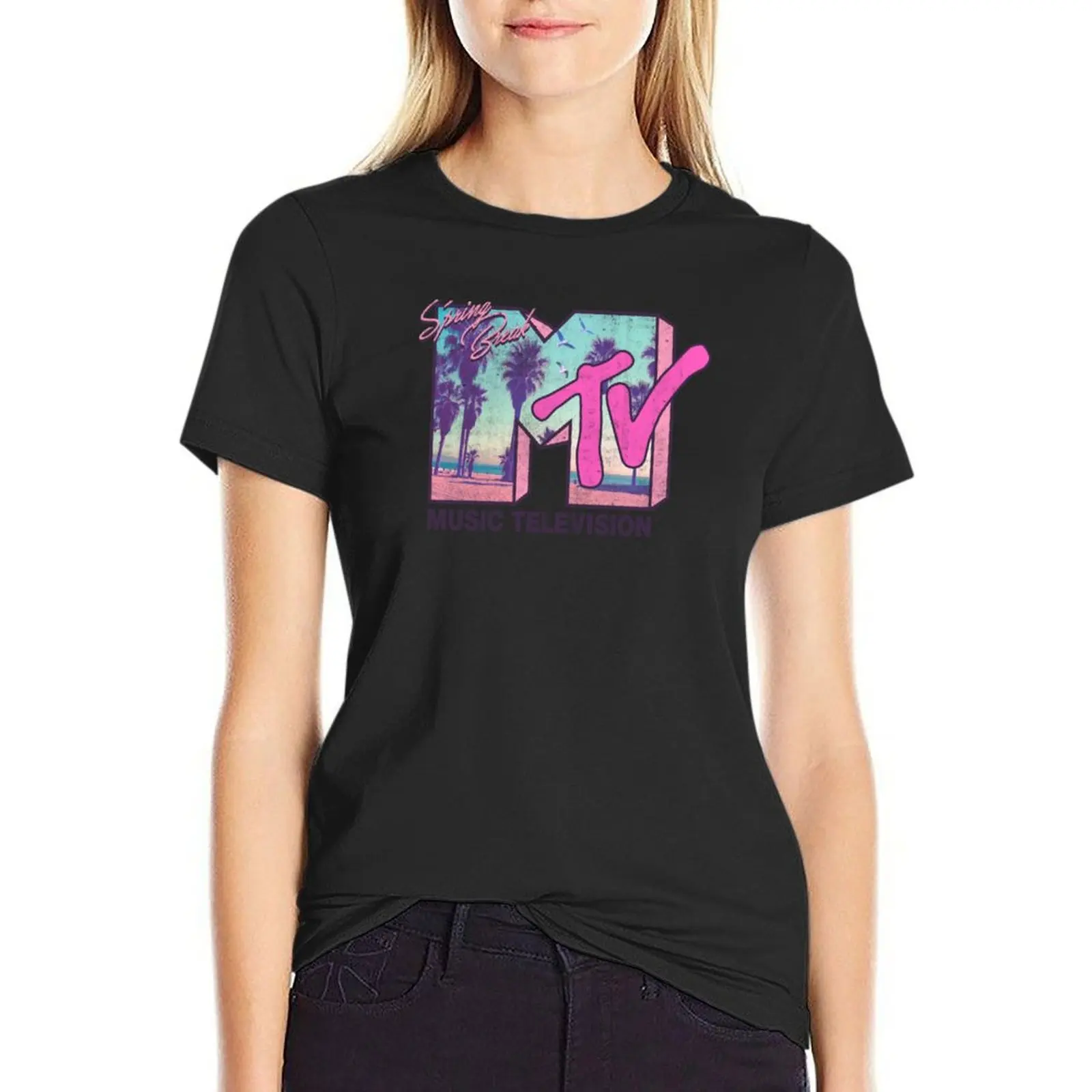 MTV camiseta con logotipo lateral para mujer, ropa kawaii para mujer, camiseta de manga corta, camisetas para mujer