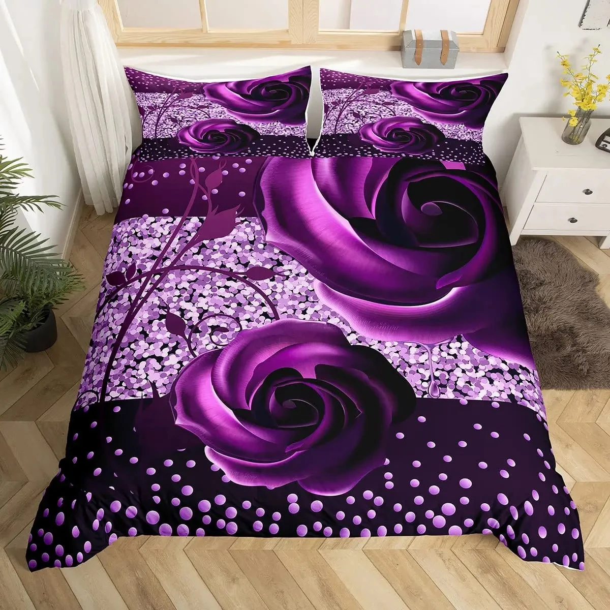 Purple Rose Floral Twin King Duvet Cover Blossom Flower Bedding Set For Girl Teen Valentine's Day Gift Botanical Comforter Cover