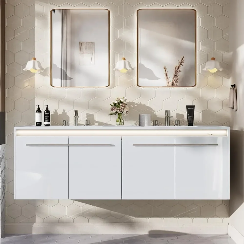 

60" LED Floating Bathroom Double Vanity with Sink Combo Modern High Gloss Wall Mounted Bathroom Storage Cabinet with 3 Hole Sink