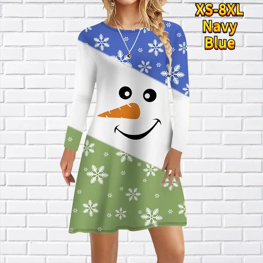 أنيقة لطيف عيد الميلاد ثلج مطبوعة فستان المرأة الصغيرة الخريف الشتاء الحلو طويلة الأكمام فضفاضة عادية فستان حفلة عيد الميلاد رداء #5