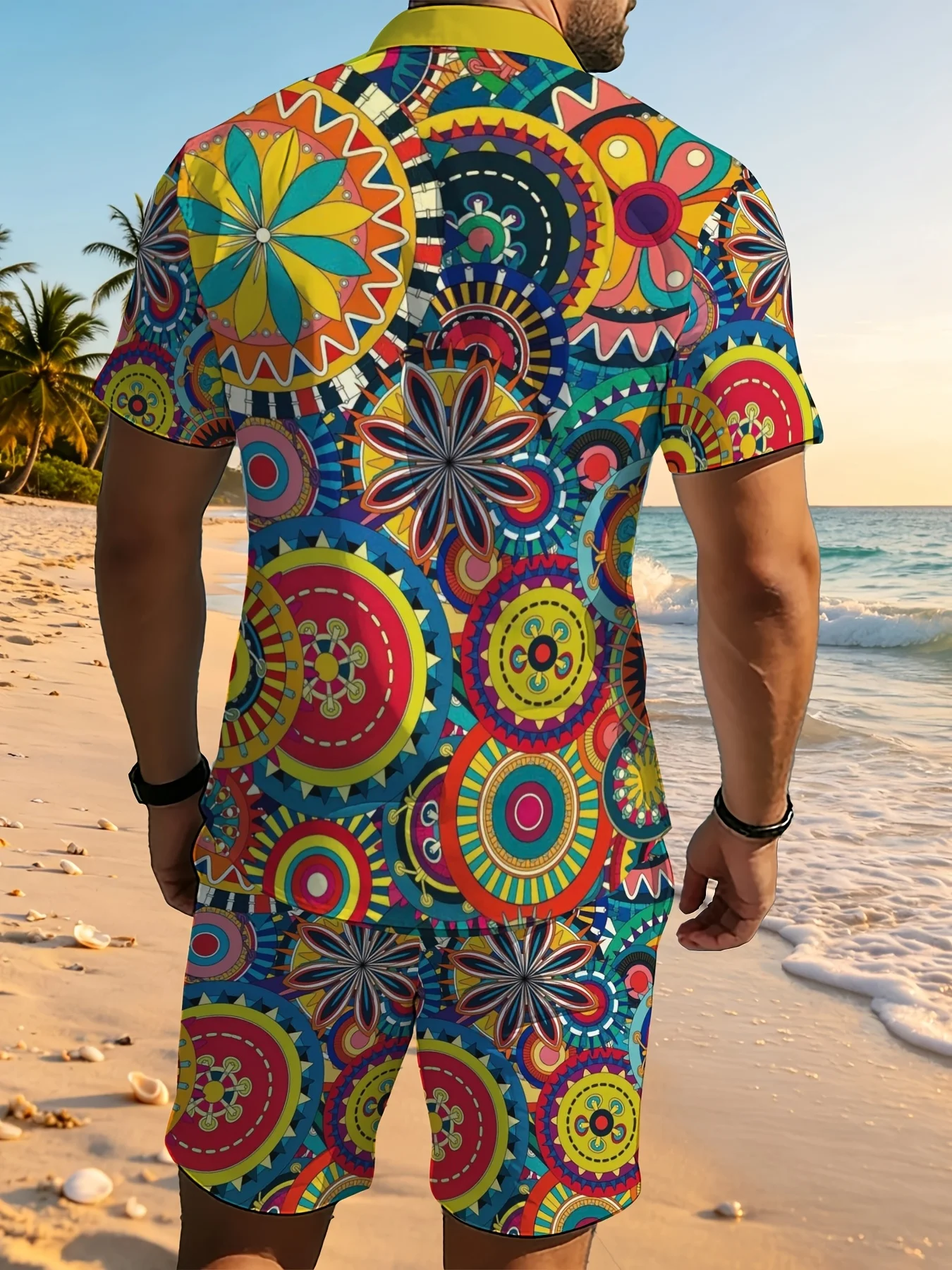 Colorful Boho Pattern Mens Matching Set Lapel Button Shirt Elastic Waist Shorts Summer Vacation Outfit view 4