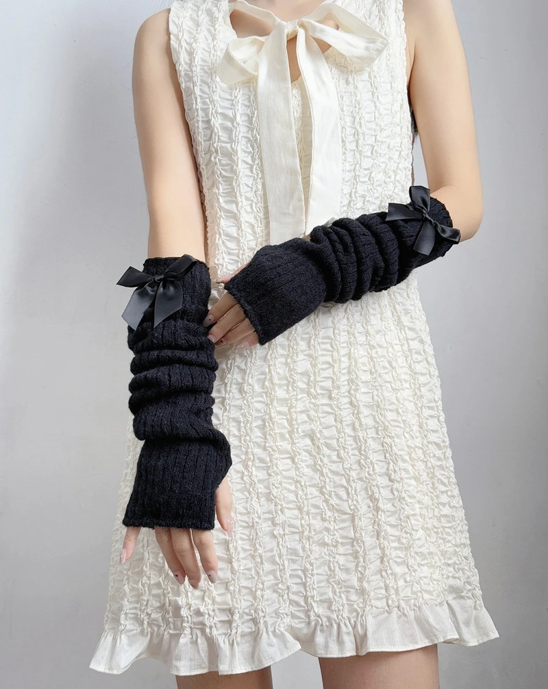 Zoete strik gebreide warme armmouwen meisje zachte elastische stof decoratieve vingerloze lange handschoenen feest casual mode-accessoire