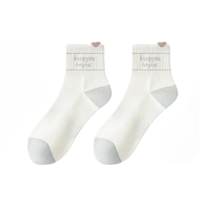 5 Pairs Women's Spring Autumn Cotton Mid-Calf Socks Thin Mesh Breathable Student White Socks Set Casual Ankle Sheer Socks Woman