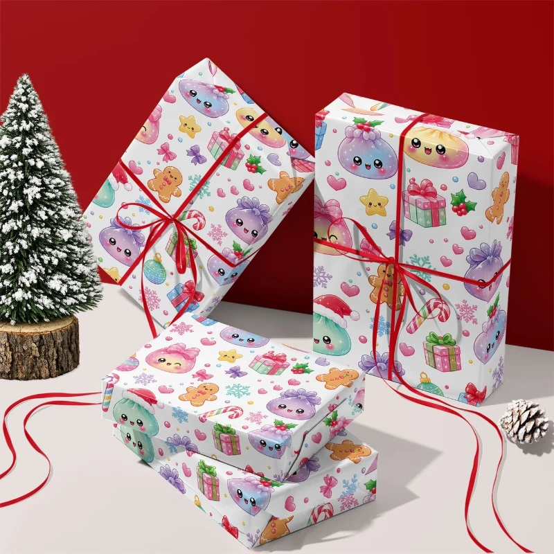 43cm*3M/Roll Christmas Dumplings Wrapping Paper Cartoon Elk CandyCane Pastel Gift Wrap for Party Xmas Gift Packaging Paperdecor