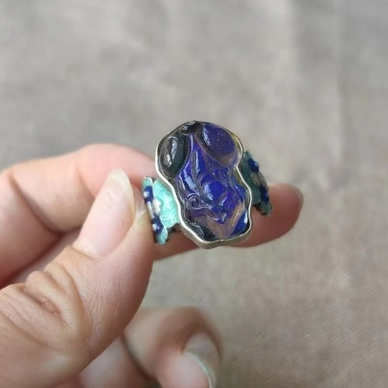 Vintage Old Silver Patina Cloisonne Ring, Thermochromic Pixiu Gem Inlay, Adjustable Open Band Unisex Retro Collectible Jewelry