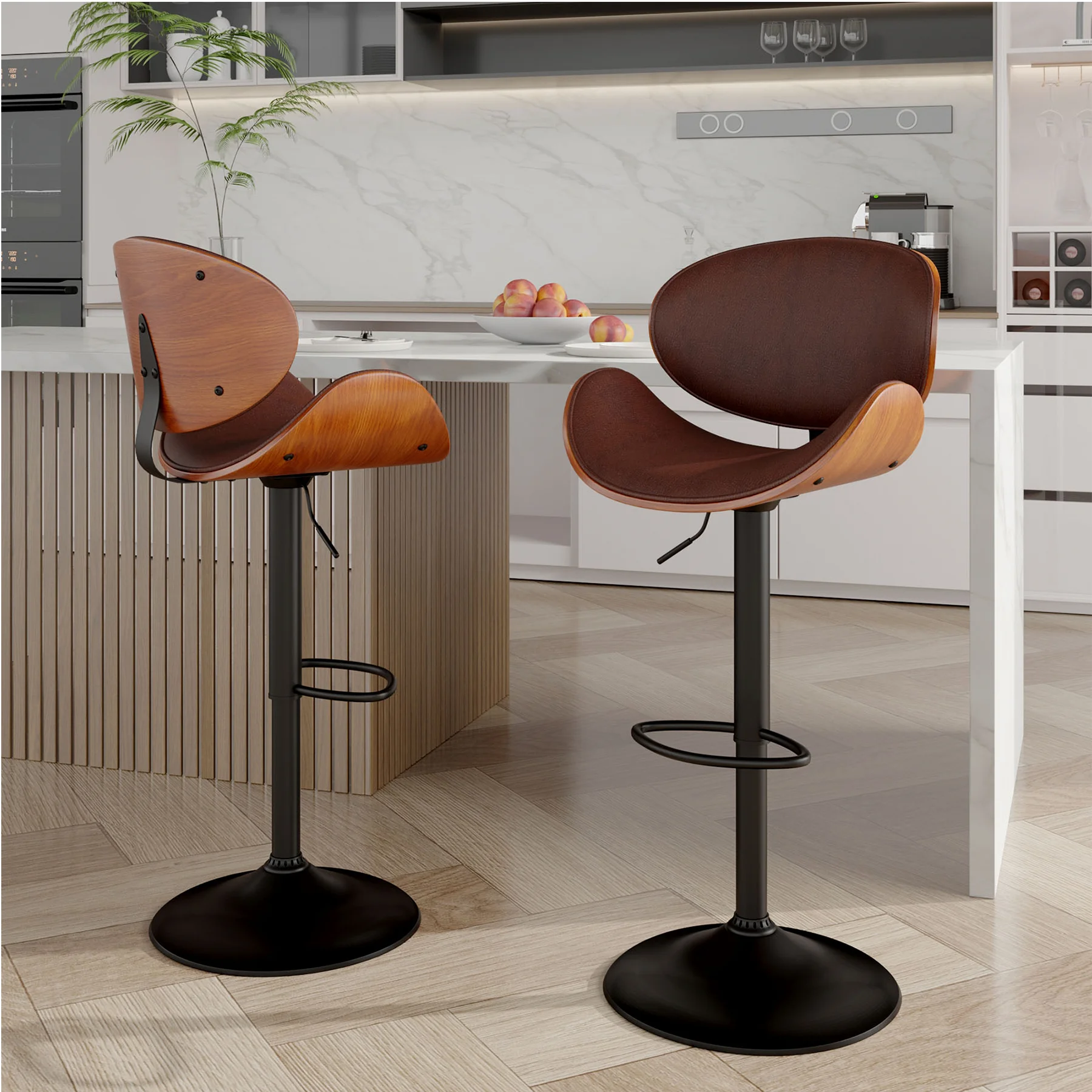 Rotativo Bar Stool Set com encosto e Footstool, PU Couro Almofada, Contra Altura, Bar Chair, Cozinha e Restaurante, 2 pcs