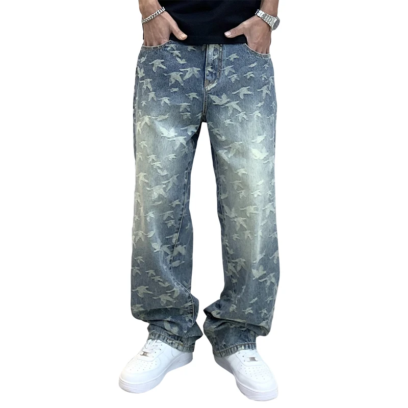 Hip Hop Jeans Men's Ins Korean Style Sense of Design Loose Straight Washed Fashion Street Casual Cool Wide Leg Trousers