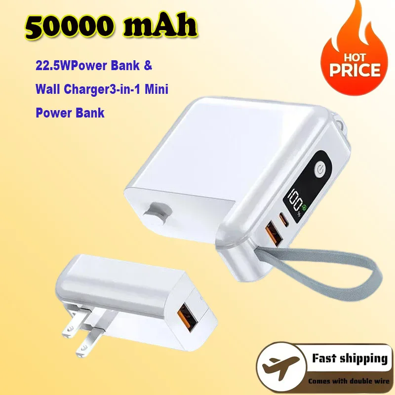 

Power Bank 50000 мАч Встроенный кабель с разъемом переменного тока Настенное зарядное устройство Внешний аккумулятор 22,5 Вт Быстрая зарядка Powerbank для IPhone Xiaomi