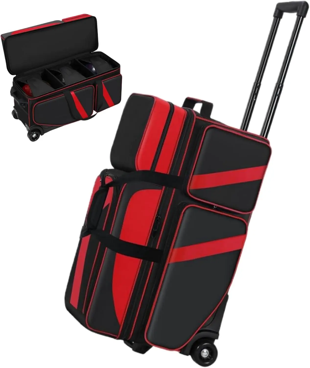 

3 Ball Bowling Bag with Wheels, Retractable Handle, Shoe Compartment, Multiple Pockets