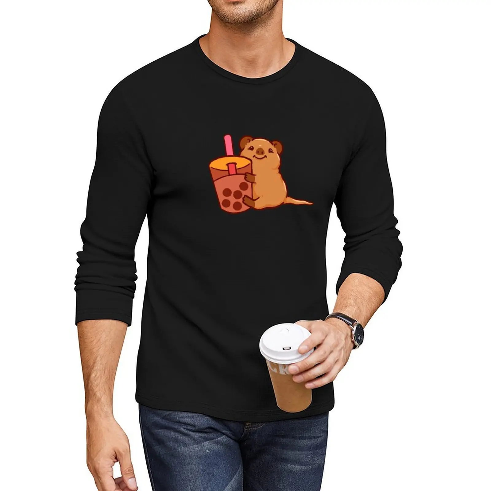 Lindo quokka con té boba, dibujos animados de quokka, té de burbujas, camisetas largas, blusa, camisetas grandes y altas para hombres