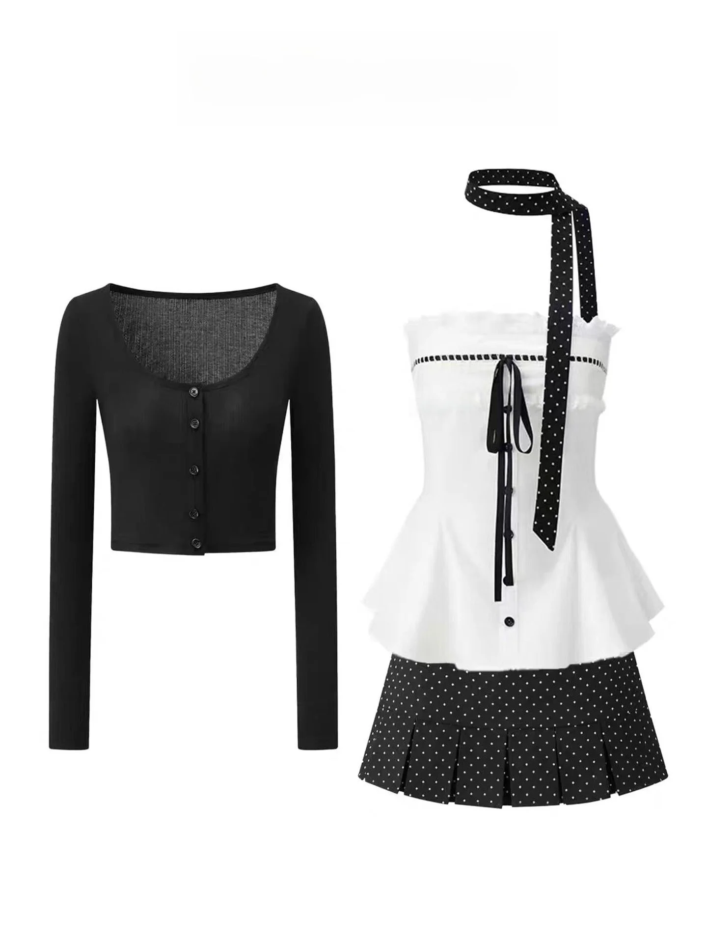 

Early Spring Knitted Sa Open Cardigan Jaet with Lace Knot Strap Top And Polka Dot ort Skirt Set for Women