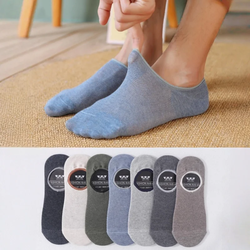 1/3 Pairs Men‘s Mesh Breathable No Show Socks Summer Openwork Solid Color Cotton Boat Socks Silicone Anti-Slip Low Cut EU 39-44