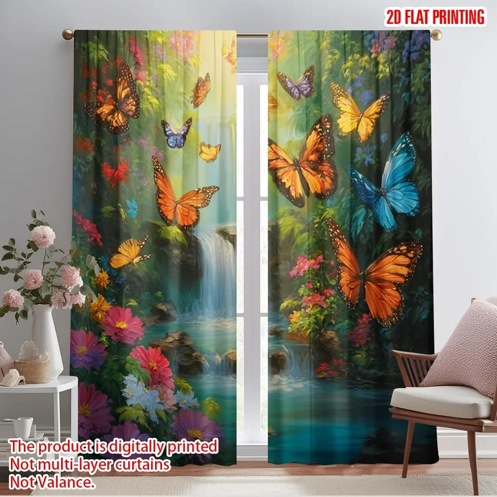 2pcs,2D plane printing Light Filtering Curtains Butterfly Paradise 100% Polyester (without rod) Festive for Bedroom Living Room