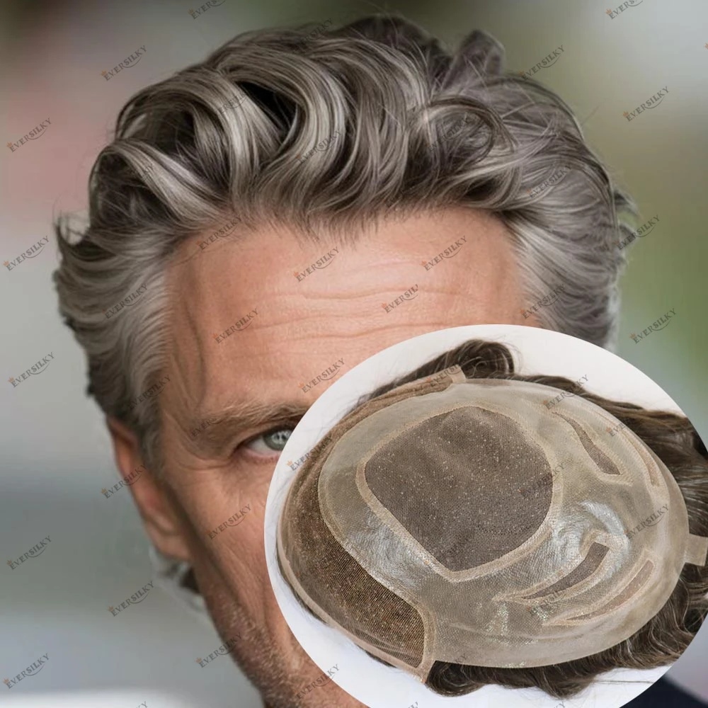 

Old Men's 565# Brown Gray Human Hair Super Natural Hairline Swiss Lace Front Breathable Men's Toupee 1B65 8"x10" Undetectable