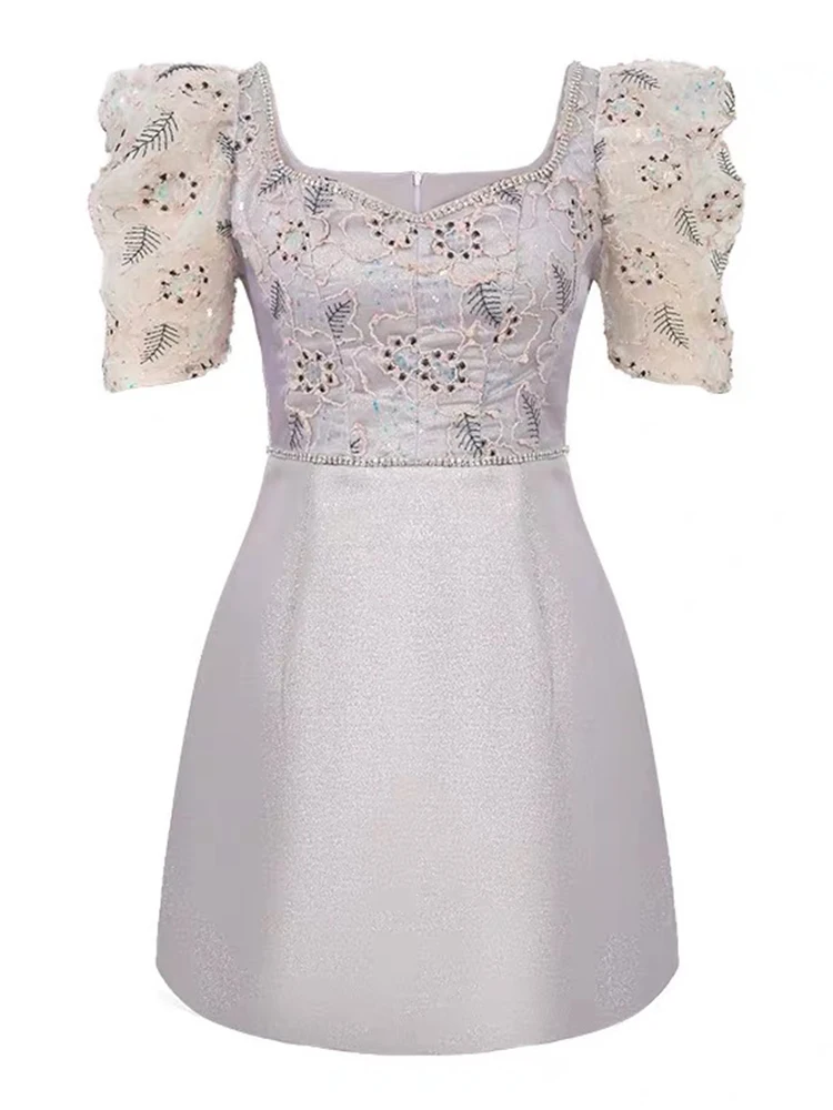 Elegante Luxus Diamanten Glänzenden Quadratischen Kragen Abendkleid Frauen Süße Vintage Puff Sleeve Dünne Kurze Party Kleid Vestidos Fiesta