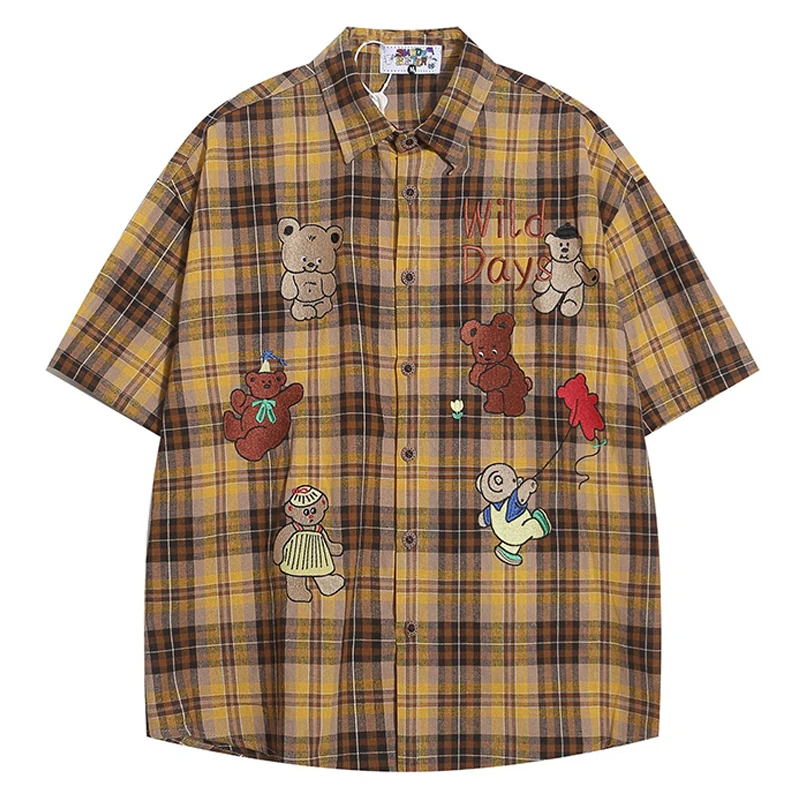 Vertical Teddy Bear Embroiderey Plaid Short Sleeve Shirts Mens Retro Streetwear Summer Lapel Loose Single Breasted Cotton Shirts