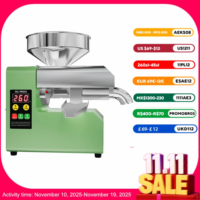 R6S Intelligente Ölpresse, Ölpresse aus Edelstahl 304, multifunktionale Ölpresse, Ölpresse mit hoher Reichweite für Sesam/Erdnuss/Coc