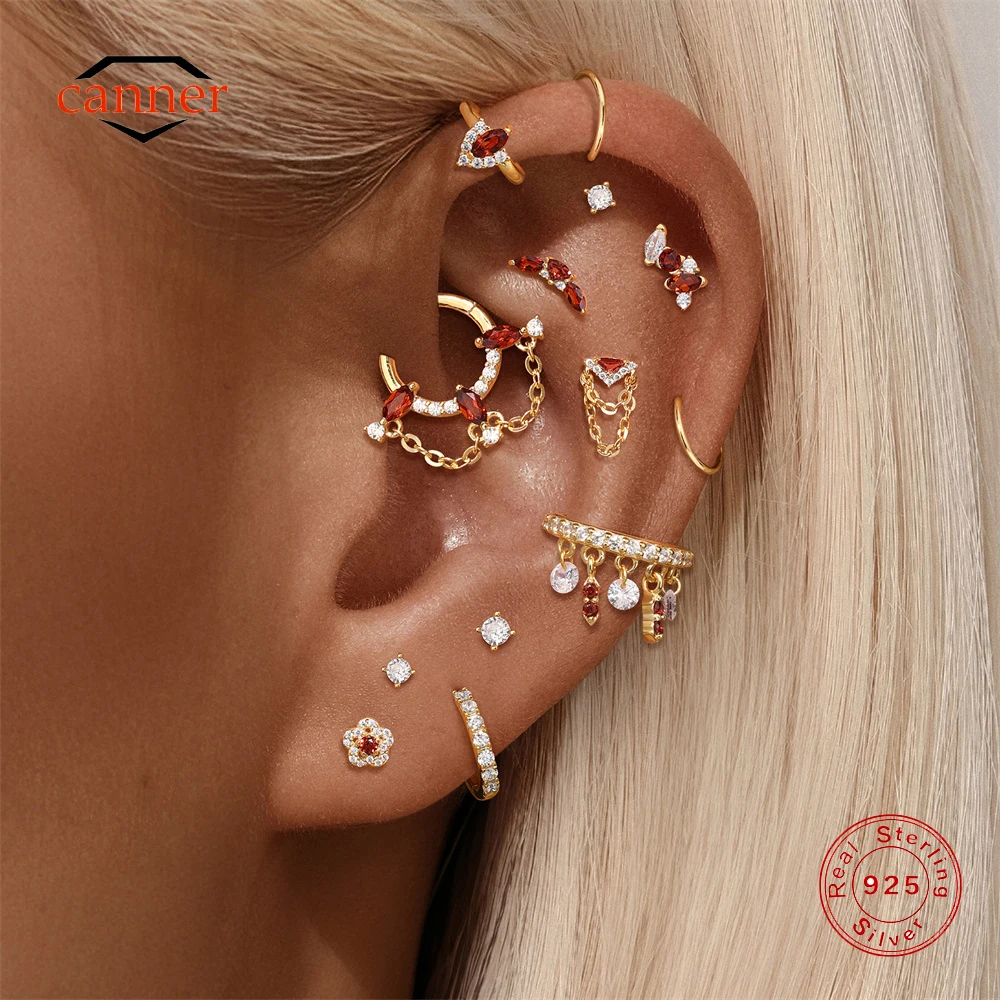 CANNER 1 STÜCK 925 Sterling Silber Roter Granat CZ Flat Back Thread Piercing Ohrstecker Für Frauen Pferdeauge Geometrischer Blumenohrring