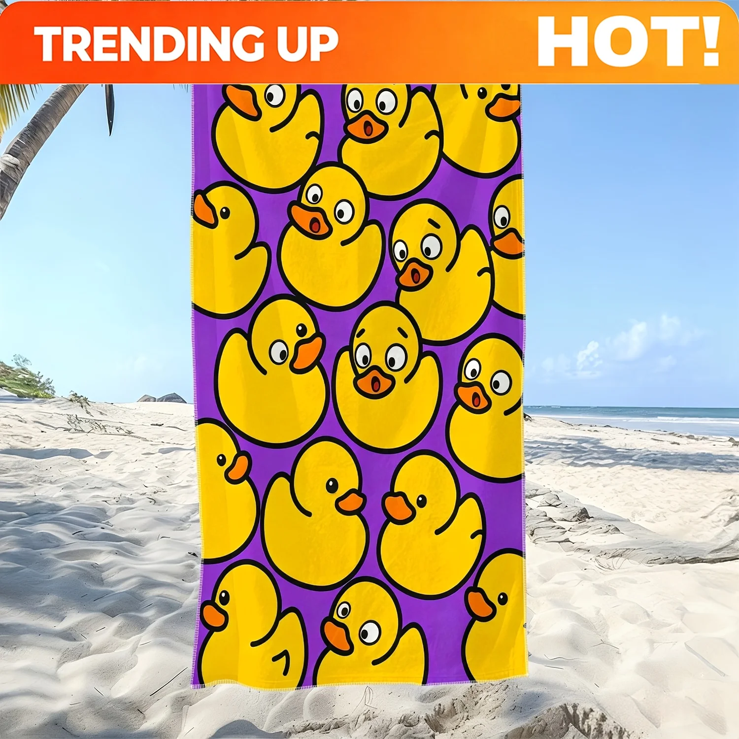 Customize 1pc, Cute Cartoon Duck 2D Flat Printing Pattern Soft Beach Towel, Microfiber Bath Towel, Quick-Drying And Super Absorb