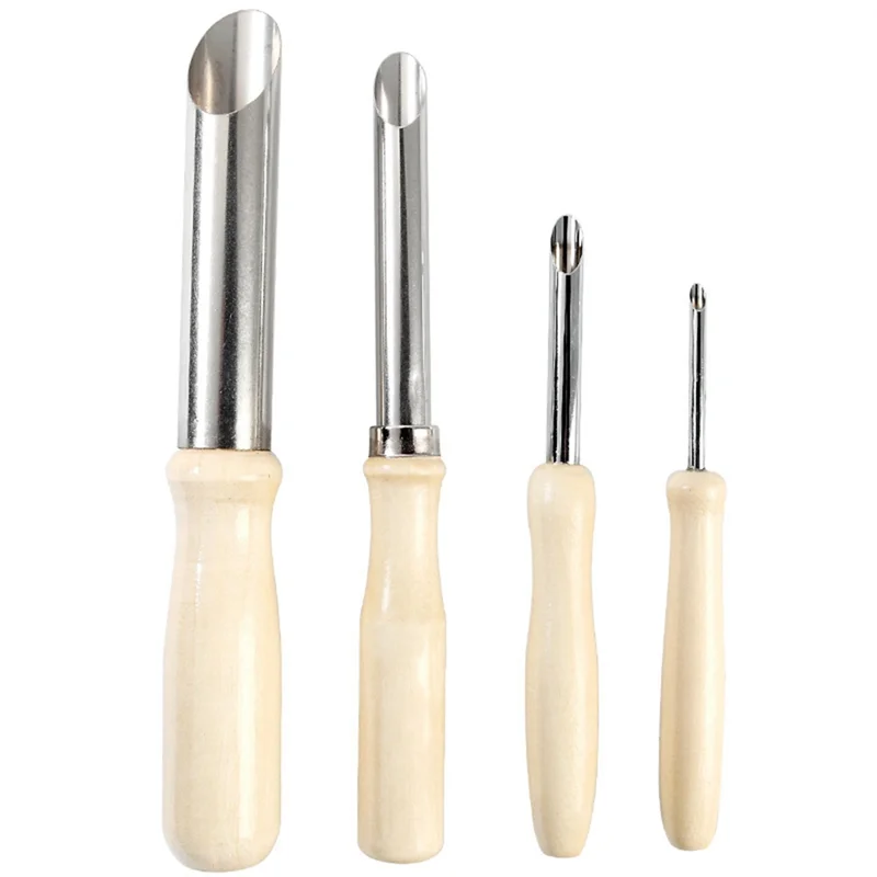 4PCS  Tools Stainless Steel Punch Pot Hole Drilling Round Practical Wooden Handle Manual Set White&Silver