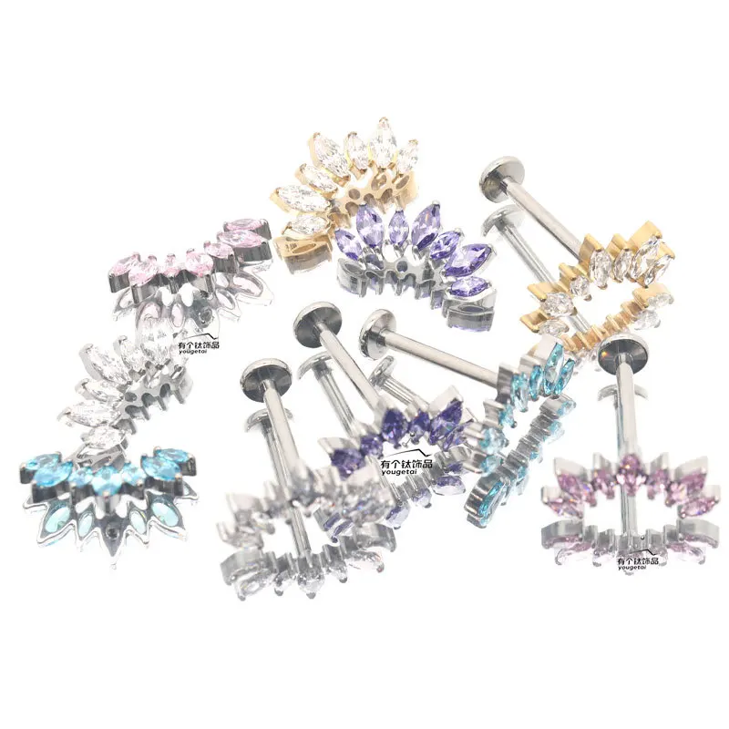 G23 Titan Lippenpiercing mit Marquise CZ, flacher Rückseite, innenliegendem Gewinde, für Labret, Tragus, Helix, Knorpel - Schmuckzubehör – Detail 5