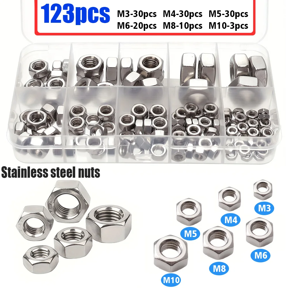 123-piece set of stainless steel hexagonal nuts M3 M4 M5 M6 M8 M10, industrial equipment accessories, home building maintenance.