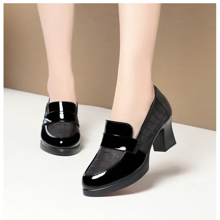 Spring/Autumn Women's Mesh & Leather Fashion High Heels - Hollow Out Soft Leather Mid Heel Soft Sole Chunky Heel Loafers2026