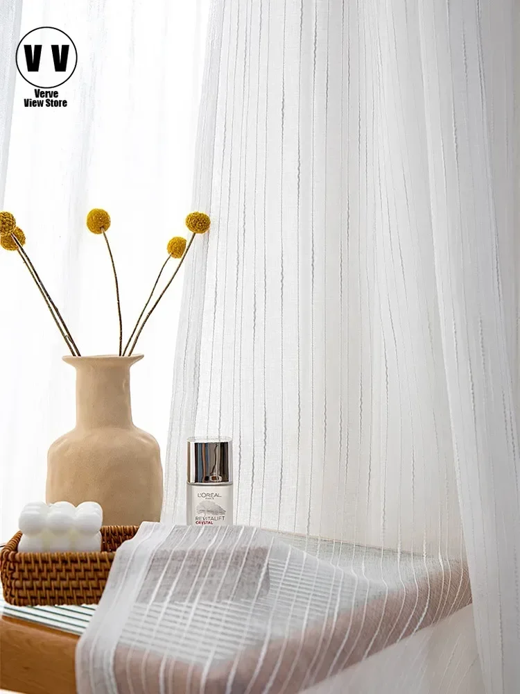 

White All-match Linen Stripe Window Screens Sheer Curtains For Living Room Tulle Modern Voile for Bedroom Balcony Yarn Decor