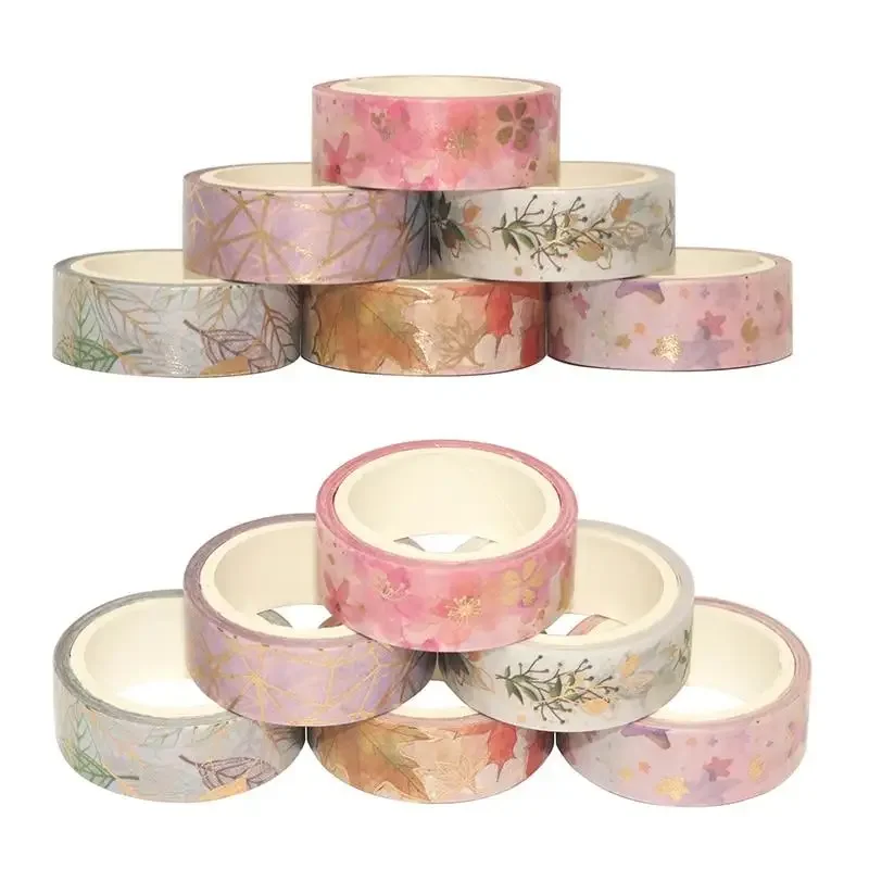 6 Pcs/Set Flower Plant Masking Tape Gold Foil Washi  Decorative Adhesive  Sticker Scrapbooking Diary Planner Stationery
