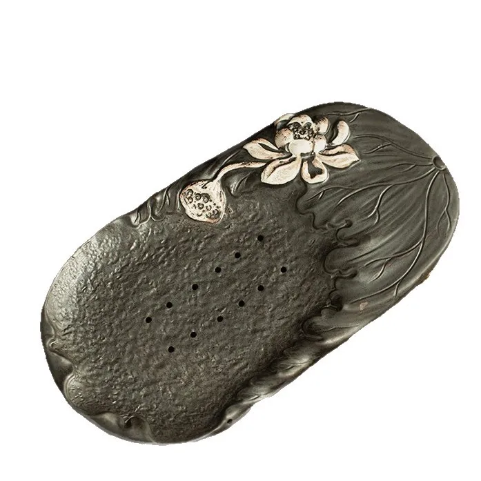 

Cx coarse pottery retro wabi wind tea tray household tea table black pottery, drainage small tray