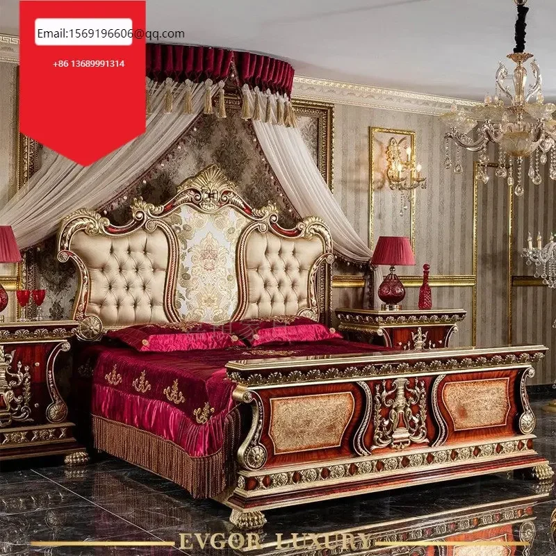 

Custom European solid wood luxury log hand carved French palace Princess bedroom double wedding bed