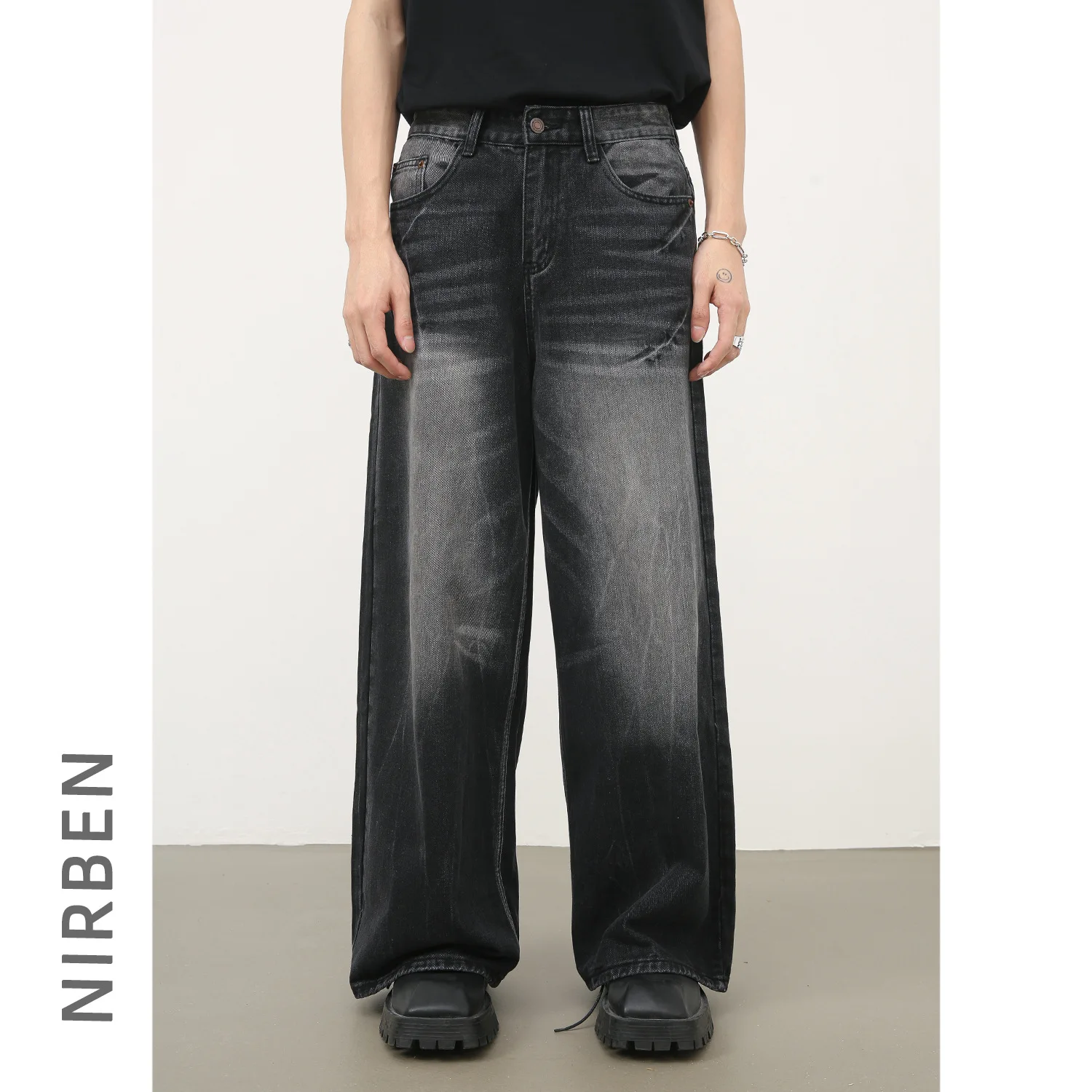 Denim American High Street Loose Straight Denim Men's Retro Washed Trousers