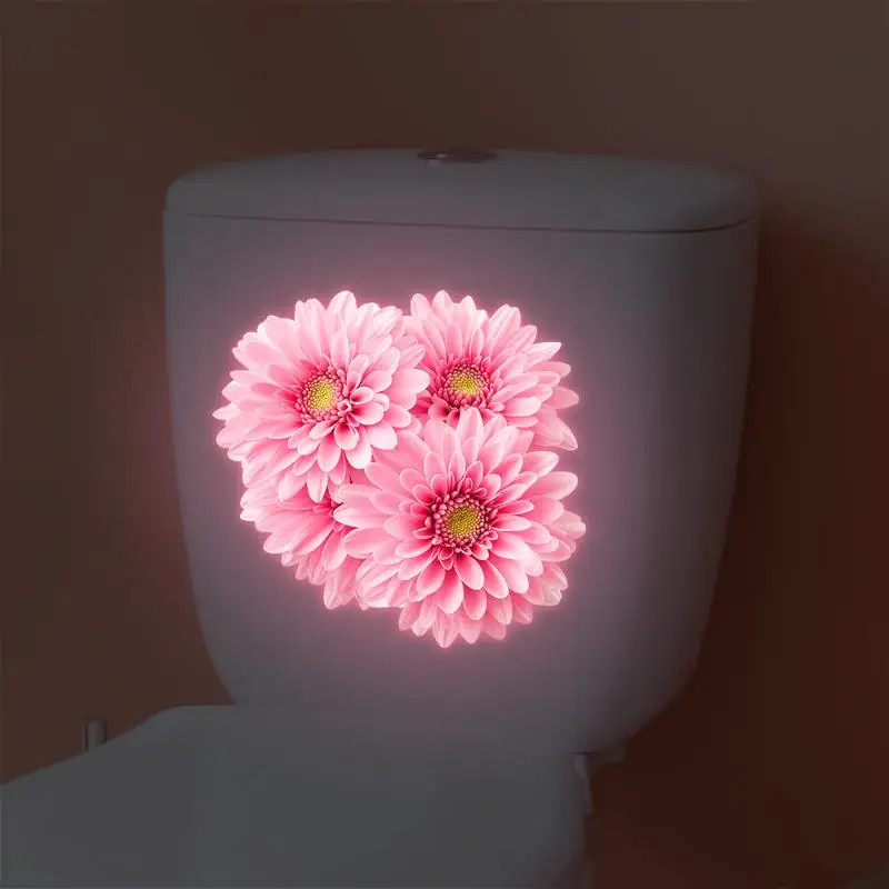 Bathroom Luminous Toilet Sticker Night Light Pink Chrysanthemum Toilet Seat Cover Sticker Self-Adhesive Beautify Home Decor
