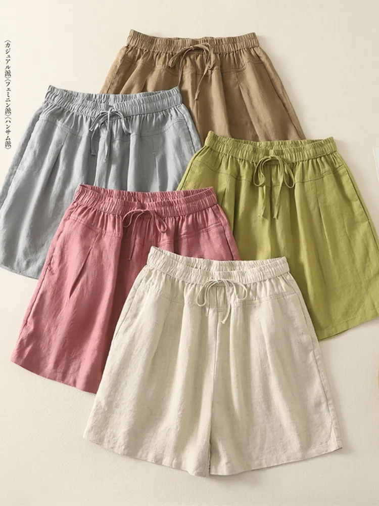 

Хлопковые льняные широкие брюки для женщин, летние, тонкие, с эластичной талией, свободные, универсальные, маленьких размеров, льняные повседневные брюки А-силуэта