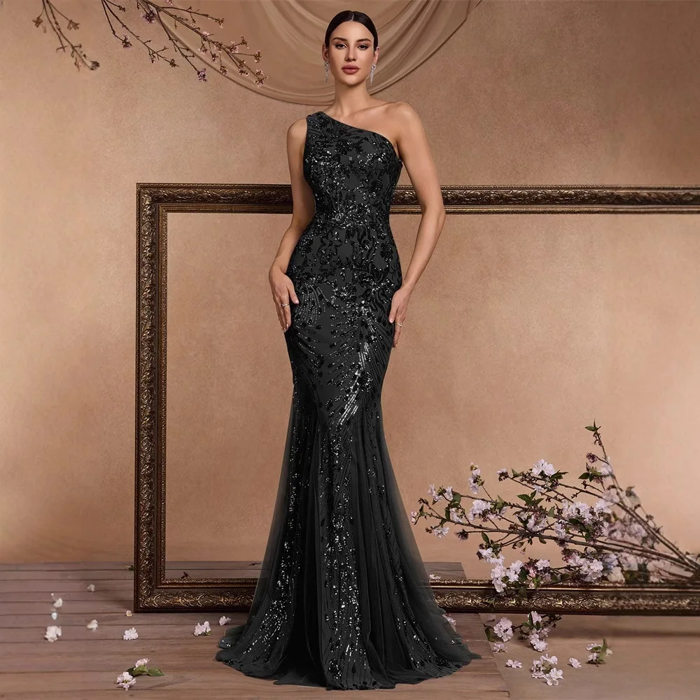 Middle East Long European and American Oblique Shoulder Elegant Cocktail Dress Luxury Split Bridesmaid Graduation Dress Dress