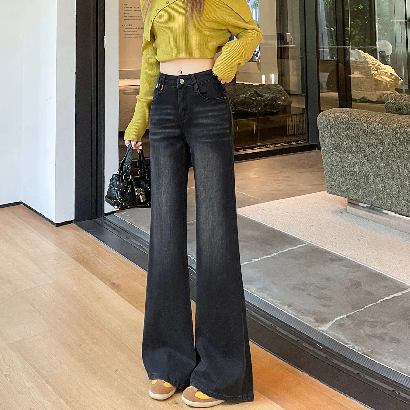 Women's Black Grey Vintage High Waist Micro Flare Jeans, Pocket Embroidery Slim Fit Non-clinging Denim Pants