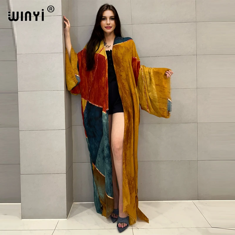 WINYI summer kimono beach wear women 2024 Africa dress bikini cover up Cardigan Geometric print abayas dubai luxury muslim dress