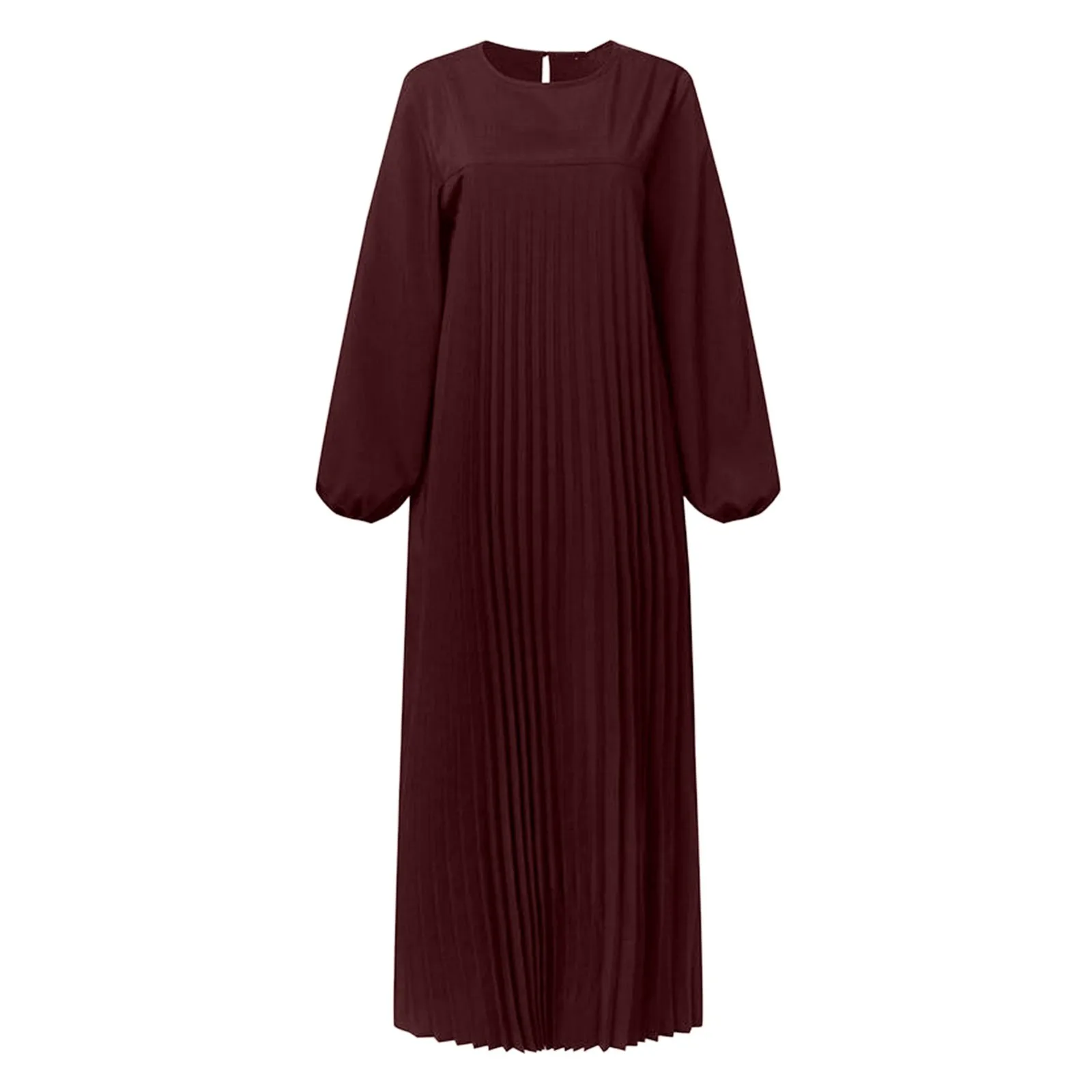 Middle East Dubai Jilbab Muslim Fashion Women Arab Style Elegant Pleated Dress Solid Round Neck Long Sleeve Pleated Dress Abaya