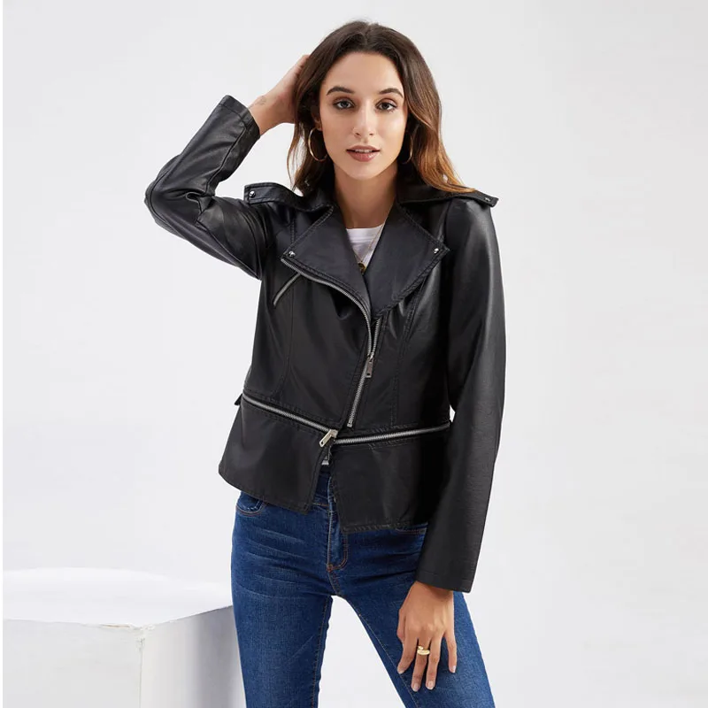 Women Leather Jacket 2026 New Spring Slim Coat Zipper Removable Hem Casual Jacket Ladies Fashion Overcoat Female Clothes WF265