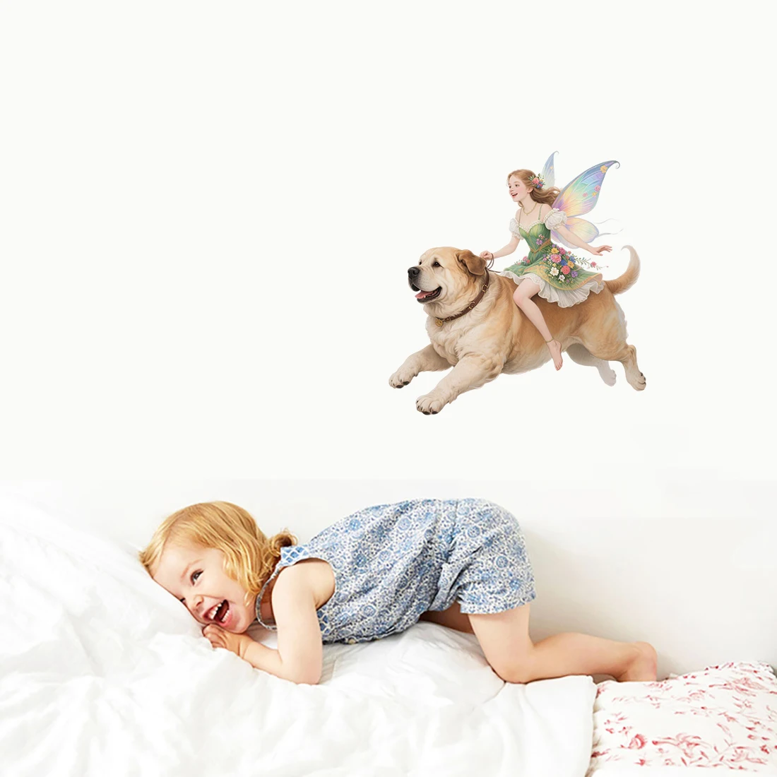 Three Ratels CAA92  Happy Flower Fairy Riding Big Dog Cartoon Wall Stickers for Home Decoration car decals