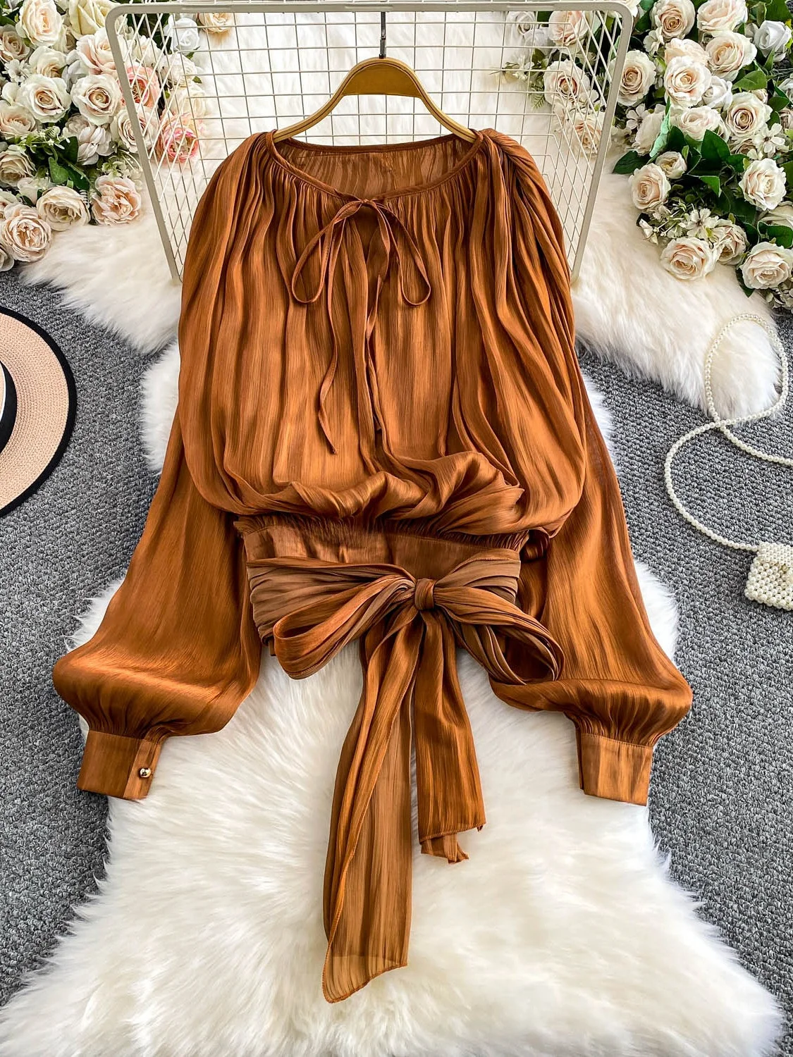 

Ele round Ne Lantern Sve irt Женский топ Faion с завязками на талии для похудения в Корейском стиле Long Sve Color Busin...