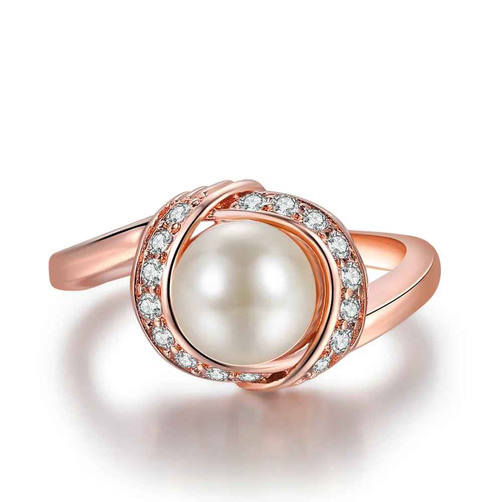 Fashion Brand Austrian Crystal Rose Gold Color Simulated Pearl Rings for Women Wedding Vintage New Jewelry R676