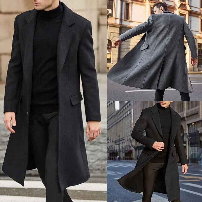 

Winter Men Coats Woolen Solid Long Sleeve Jackets Fleece Men Overcoats Streetwear New Fashion Brand Long Trench Outerwear Casual